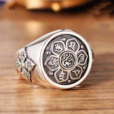 6 Syllable Lotus Mantra Signet Ring